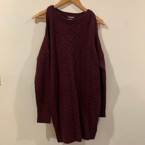 Express : woman’s sweater dress : bare shoulders